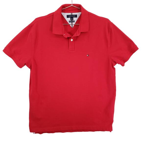 Tommy Hilfiger Polo Mens Large Red Regular Fit Short Sleeve Preppy Stretch Top - Picture 1 of 8
